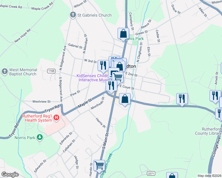 map of restaurants, bars, coffee shops, grocery stores, and more near 125 West Court Street in Rutherfordton