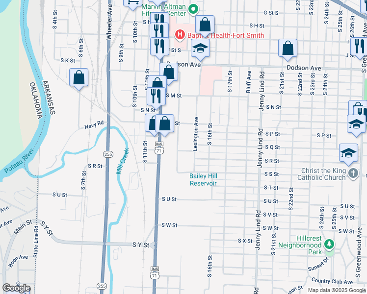 map of restaurants, bars, coffee shops, grocery stores, and more near 1725 South 12th Street in Fort Smith