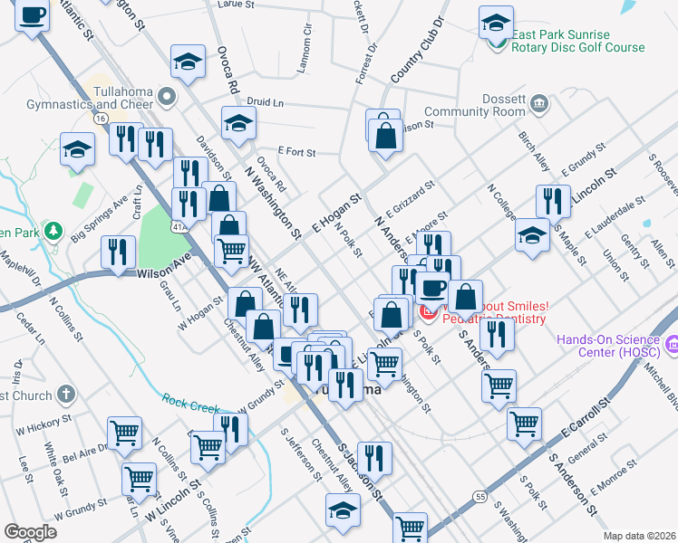 map of restaurants, bars, coffee shops, grocery stores, and more near 311 North Polk Street in Tullahoma