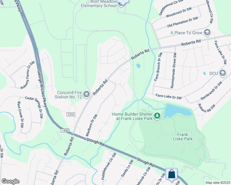 map of restaurants, bars, coffee shops, grocery stores, and more near 3589 Shadowcrest Drive Southwest in Concord