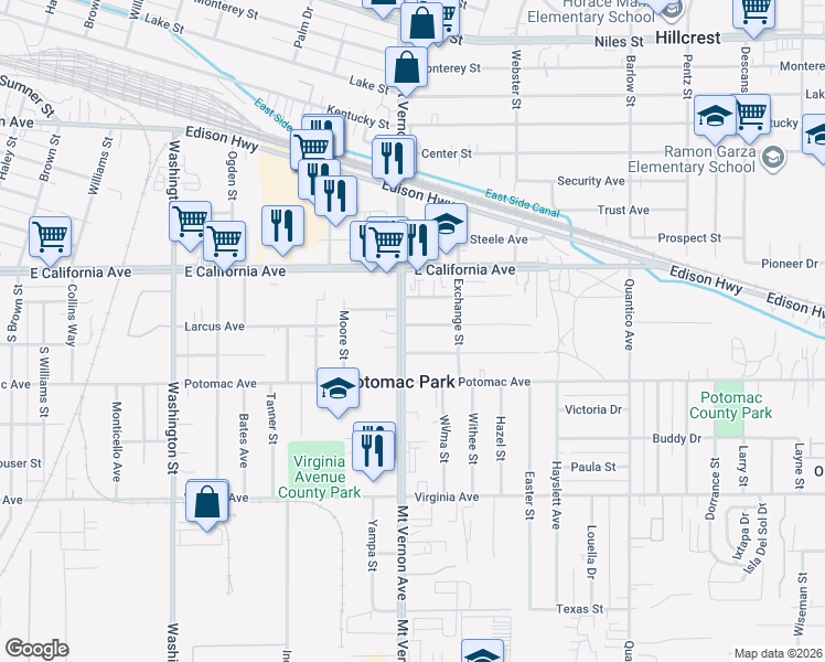map of restaurants, bars, coffee shops, grocery stores, and more near 2212 Larcus Avenue in Bakersfield
