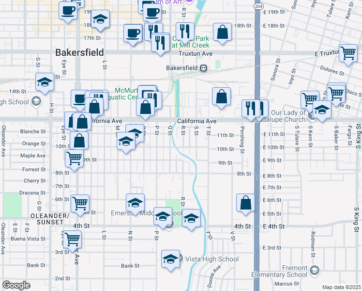 map of restaurants, bars, coffee shops, grocery stores, and more near 1028 Q Street in Bakersfield