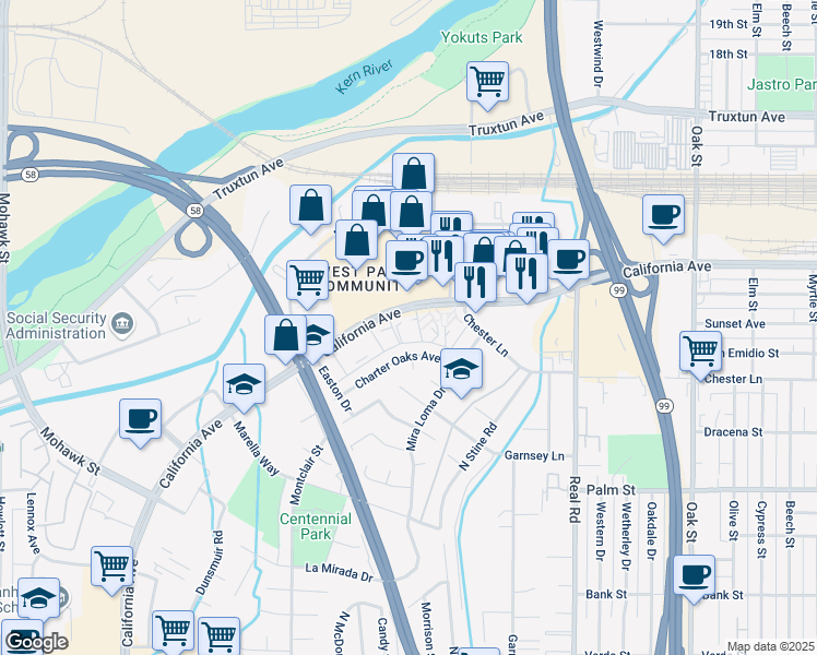 map of restaurants, bars, coffee shops, grocery stores, and more near 4201 California Avenue in Bakersfield