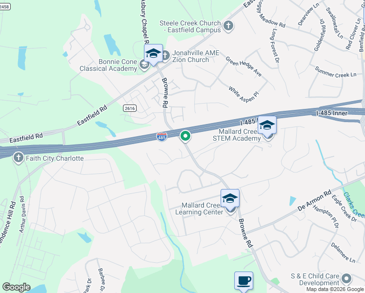 map of restaurants, bars, coffee shops, grocery stores, and more near 9220 Garnet Field Court in Charlotte