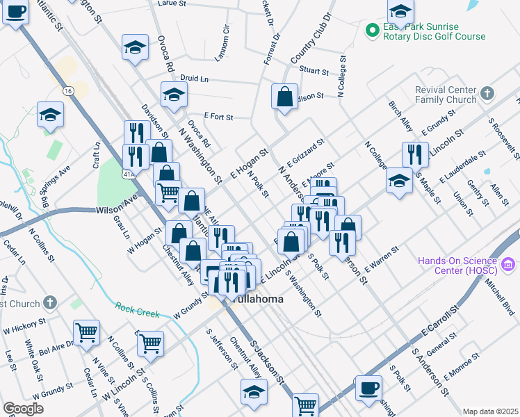 map of restaurants, bars, coffee shops, grocery stores, and more near 311 North Polk Street in Tullahoma