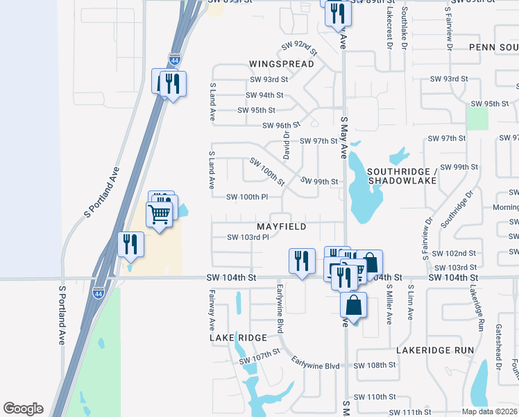 map of restaurants, bars, coffee shops, grocery stores, and more near 3116 Southwest 100th Place in Oklahoma City