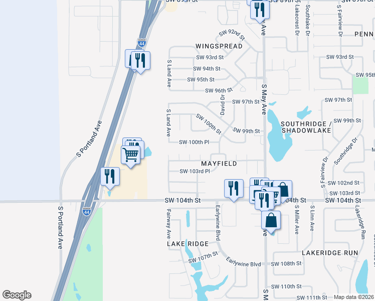 map of restaurants, bars, coffee shops, grocery stores, and more near 3144 Southwest 100th Place in Oklahoma City