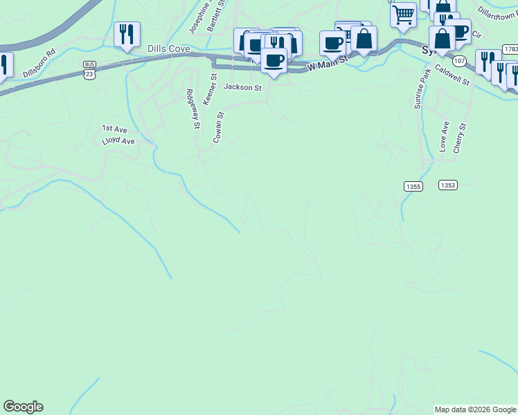 map of restaurants, bars, coffee shops, grocery stores, and more near 763 Ridgeway Street in Sylva