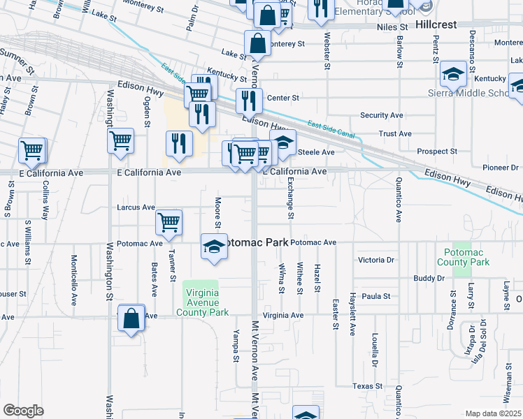 map of restaurants, bars, coffee shops, grocery stores, and more near 2212 Larcus Avenue in Bakersfield
