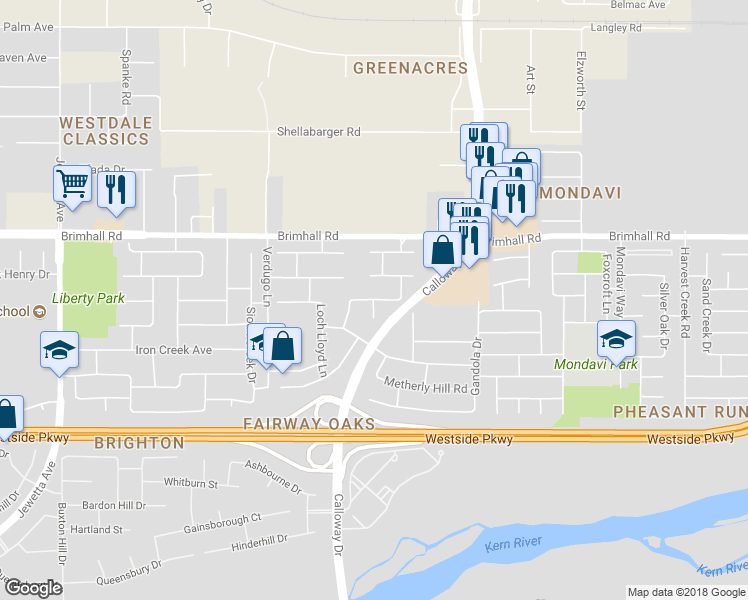 map of restaurants, bars, coffee shops, grocery stores, and more near 898 Crystal Downs Court in Bakersfield