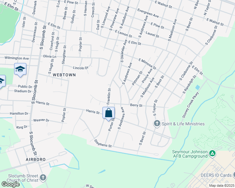 map of restaurants, bars, coffee shops, grocery stores, and more near 1005 South Andrews Avenue in Goldsboro