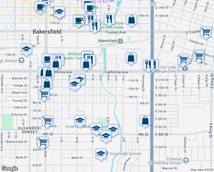 map of restaurants, bars, coffee shops, grocery stores, and more near 1001 10th Street in Bakersfield