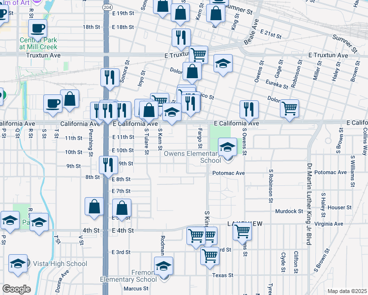 map of restaurants, bars, coffee shops, grocery stores, and more near 1005 South Baker Street in Bakersfield