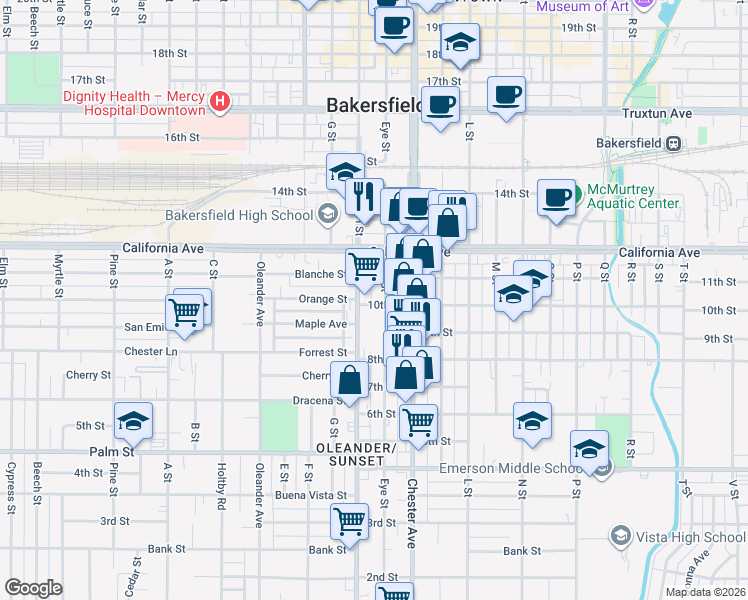 map of restaurants, bars, coffee shops, grocery stores, and more near 1015 Eye Street in Bakersfield