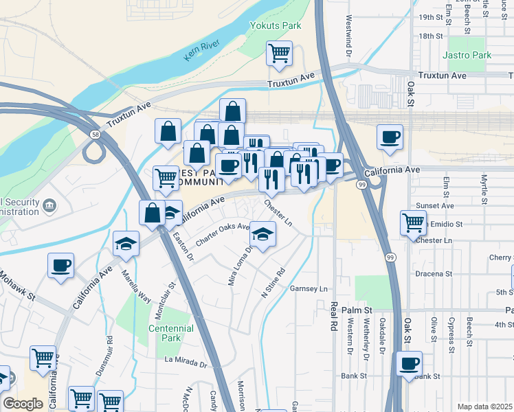 map of restaurants, bars, coffee shops, grocery stores, and more near 4171 California Avenue in Bakersfield