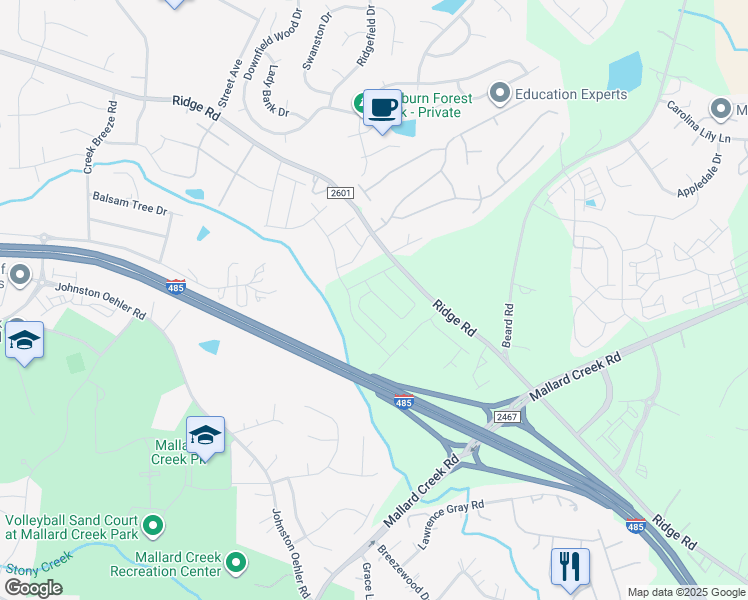 map of restaurants, bars, coffee shops, grocery stores, and more near 4503 Ridge Road in Charlotte