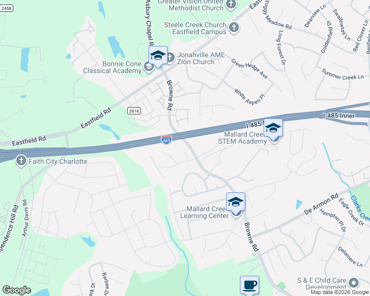 map of restaurants, bars, coffee shops, grocery stores, and more near 9220 Garnet Field Court in Charlotte