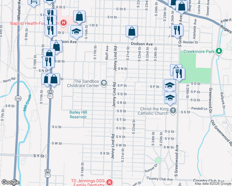 map of restaurants, bars, coffee shops, grocery stores, and more near 1714 Jenny Lind Road in Fort Smith
