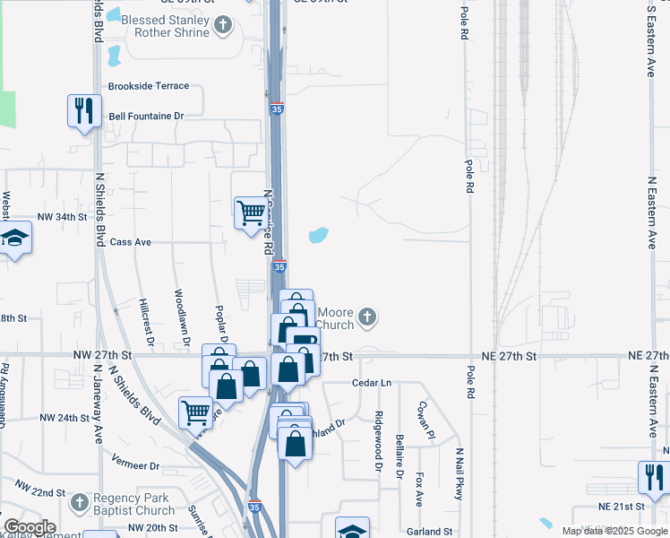 map of restaurants, bars, coffee shops, grocery stores, and more near 2900-3264 Interstate 35 Frontage Road in Moore