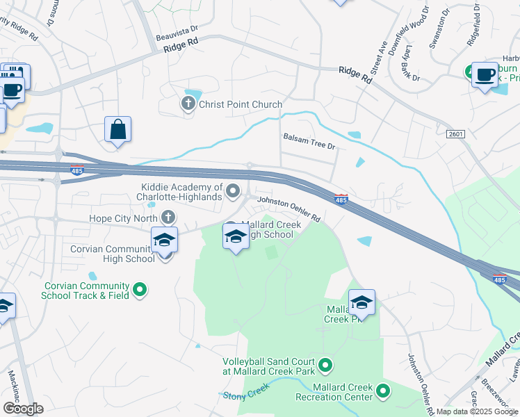 map of restaurants, bars, coffee shops, grocery stores, and more near 3749 Johnston Oehler Road in Charlotte