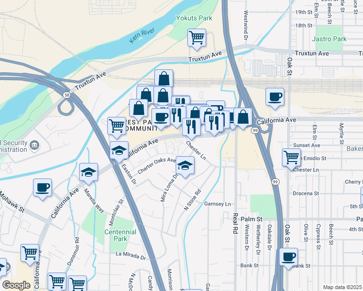 map of restaurants, bars, coffee shops, grocery stores, and more near 4101 California Avenue in Bakersfield
