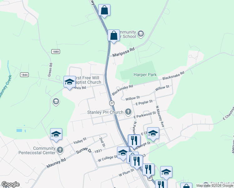 map of restaurants, bars, coffee shops, grocery stores, and more near 112 Blacksnake Road in Stanley