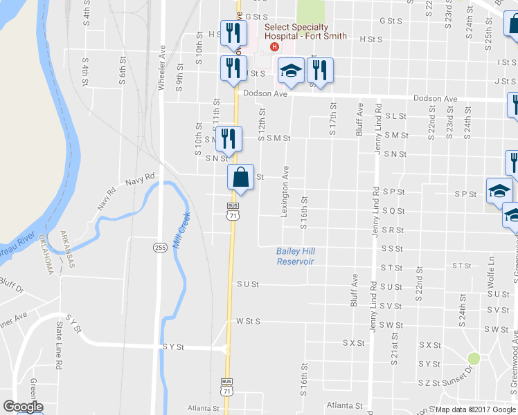 map of restaurants, bars, coffee shops, grocery stores, and more near 1727 South 12th Street in Fort Smith
