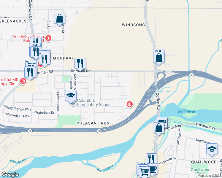 map of restaurants, bars, coffee shops, grocery stores, and more near 8617 White Rock Drive in Bakersfield