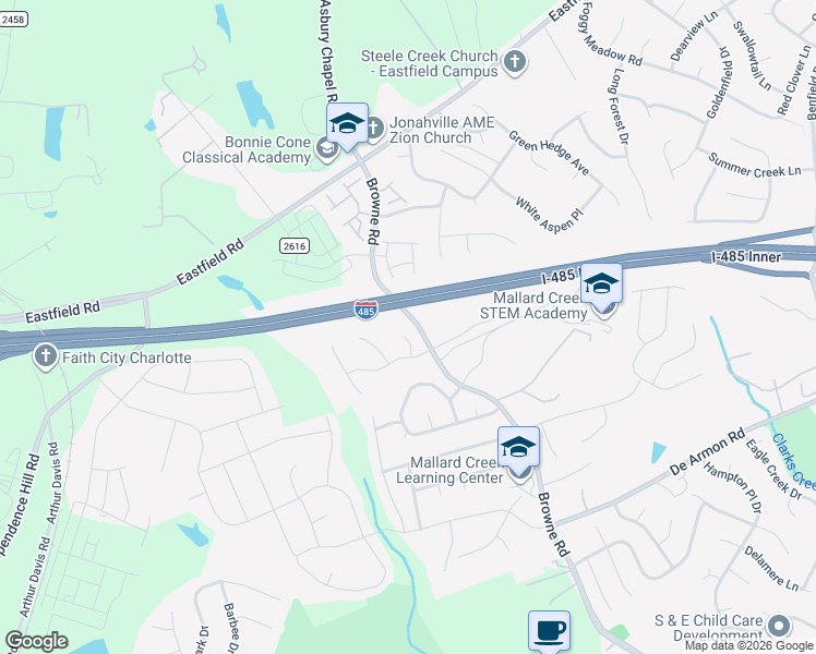 map of restaurants, bars, coffee shops, grocery stores, and more near 9220 Garnet Field Court in Charlotte