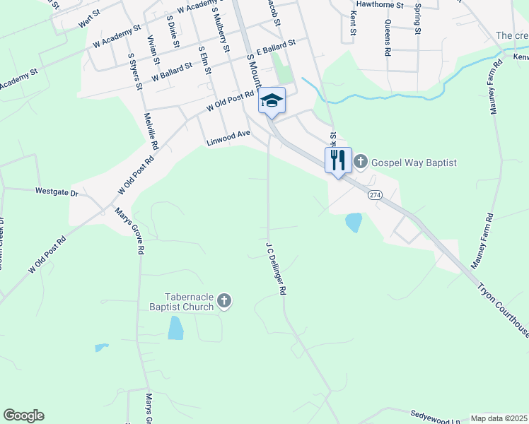 map of restaurants, bars, coffee shops, grocery stores, and more near 401 J C Dellinger Road in Cherryville