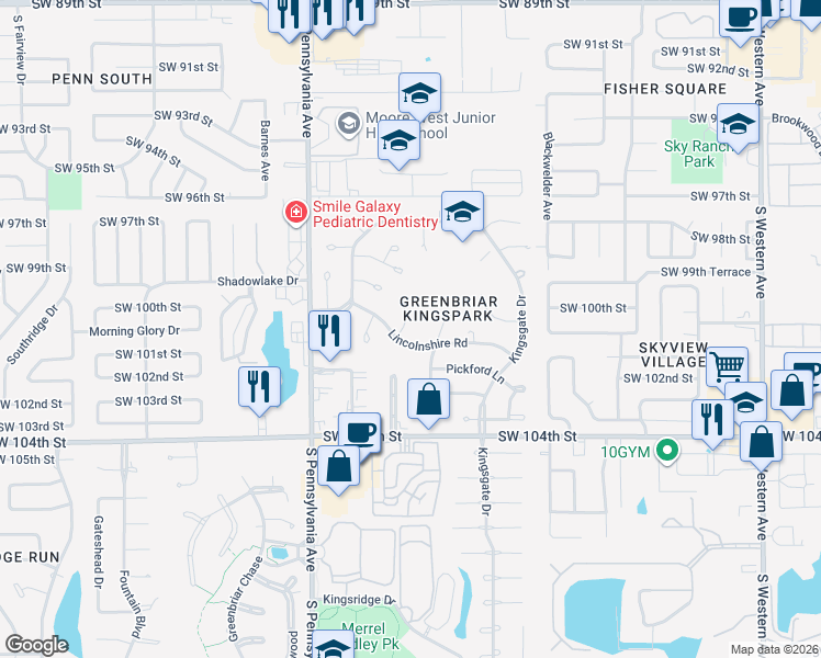 map of restaurants, bars, coffee shops, grocery stores, and more near 10104 Midfield Cross Street in Oklahoma City