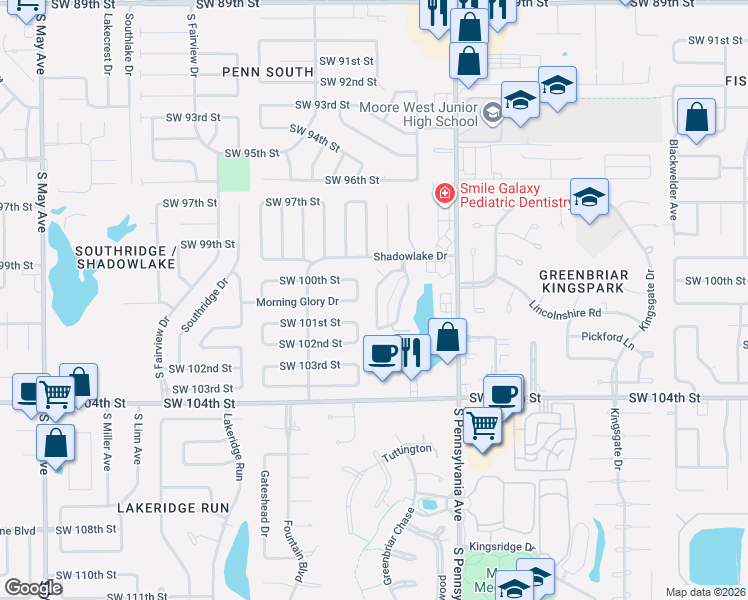 map of restaurants, bars, coffee shops, grocery stores, and more near 10104 Shadowridge Drive in Oklahoma City