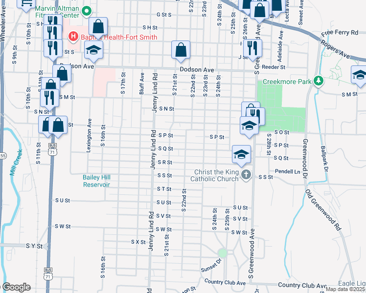 map of restaurants, bars, coffee shops, grocery stores, and more near 2125 South Q Street in Fort Smith