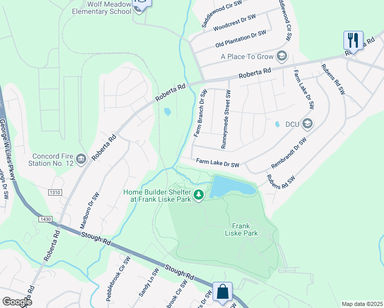 map of restaurants, bars, coffee shops, grocery stores, and more near 1264 Farm Branch Drive Southwest in Concord