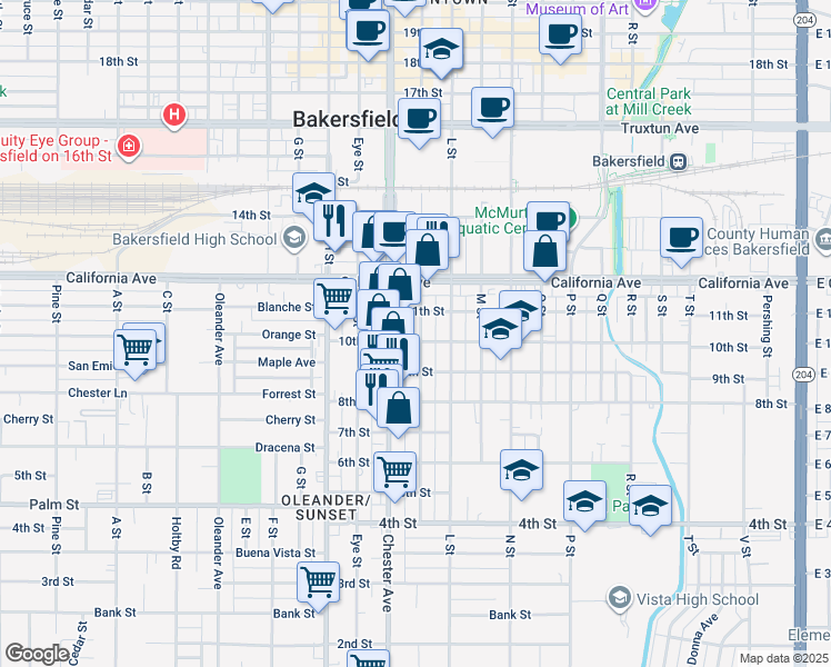 map of restaurants, bars, coffee shops, grocery stores, and more near 1015 K Street in Bakersfield