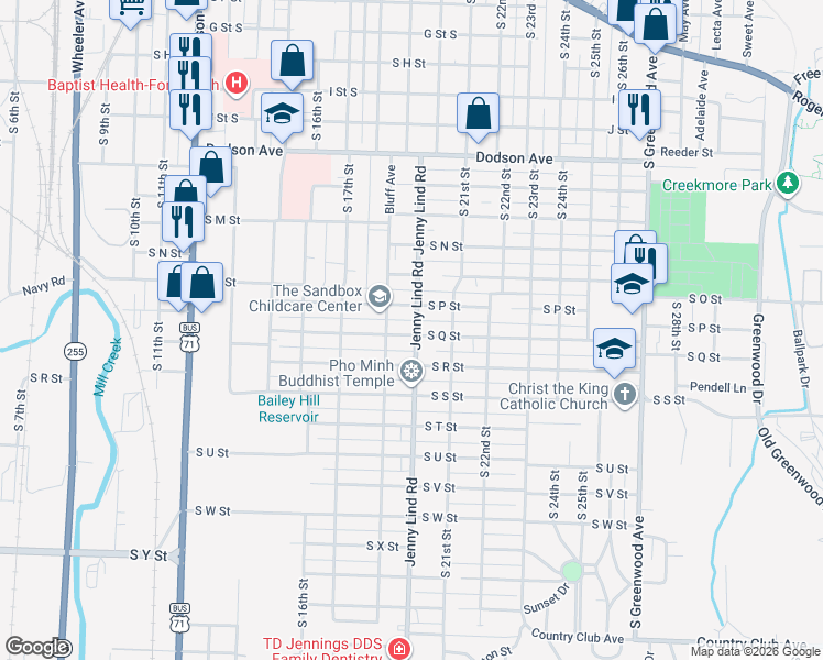 map of restaurants, bars, coffee shops, grocery stores, and more near 1714 Jenny Lind Road in Fort Smith