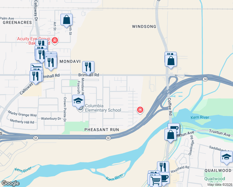 map of restaurants, bars, coffee shops, grocery stores, and more near 8613 White Rock Drive in Bakersfield