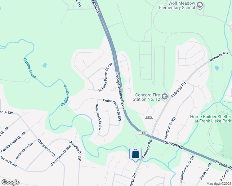 map of restaurants, bars, coffee shops, grocery stores, and more near 560 George W Liles Parkway in Concord