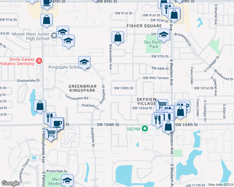 map of restaurants, bars, coffee shops, grocery stores, and more near 1217 Southwest 100th Terrace in Oklahoma City