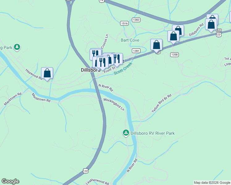 map of restaurants, bars, coffee shops, grocery stores, and more near 146 Reservoir Street in Sylva