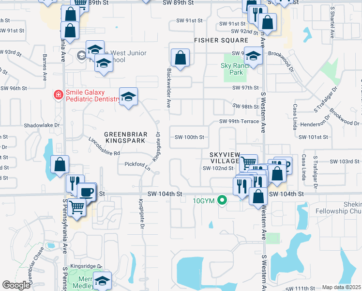 map of restaurants, bars, coffee shops, grocery stores, and more near 1213 Southwest 100th Terrace in Oklahoma City
