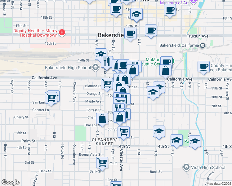map of restaurants, bars, coffee shops, grocery stores, and more near 1033 Chester Avenue in Bakersfield