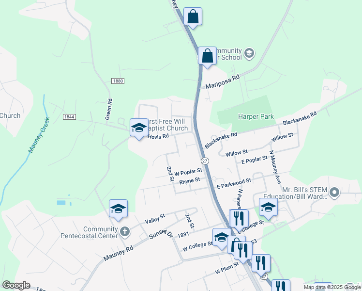 map of restaurants, bars, coffee shops, grocery stores, and more near 524 North Buckoak Street in Stanley