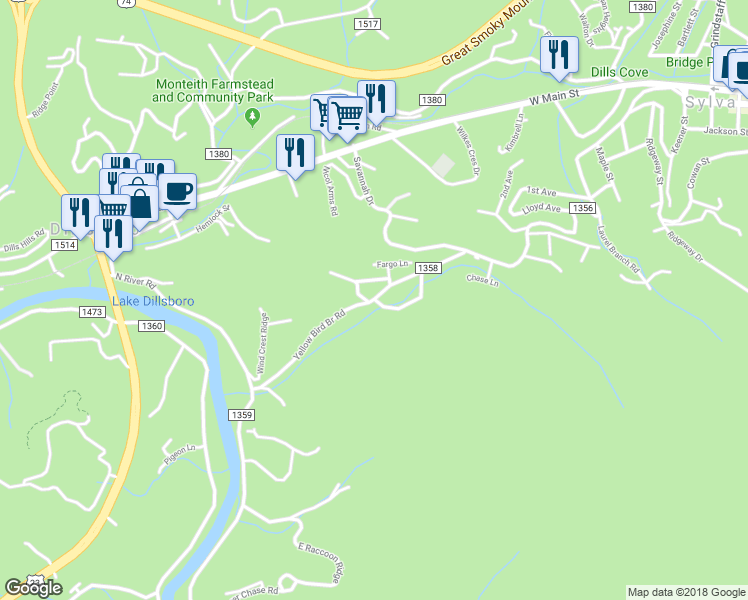 map of restaurants, bars, coffee shops, grocery stores, and more near 16 Brown Leaf Road in Sylva