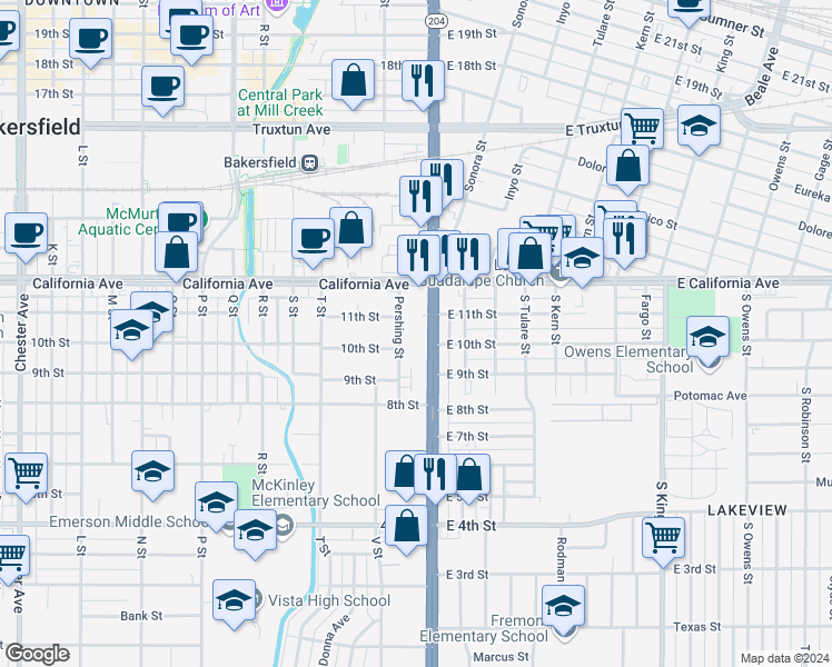 map of restaurants, bars, coffee shops, grocery stores, and more near 1115 Union Avenue in Bakersfield