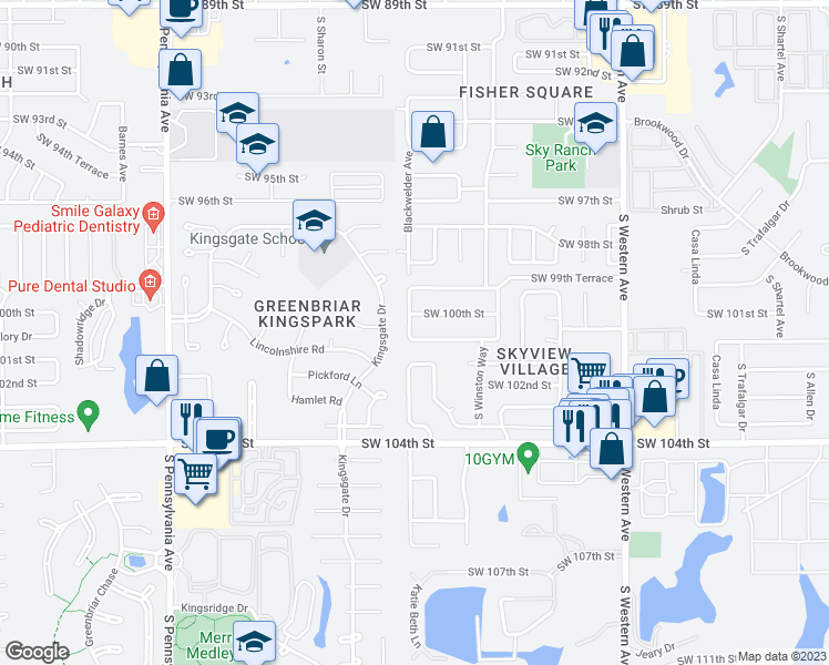 map of restaurants, bars, coffee shops, grocery stores, and more near 1229 Southwest 100th Terrace in Oklahoma City