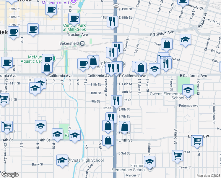 map of restaurants, bars, coffee shops, grocery stores, and more near 1115 Union Avenue in Bakersfield