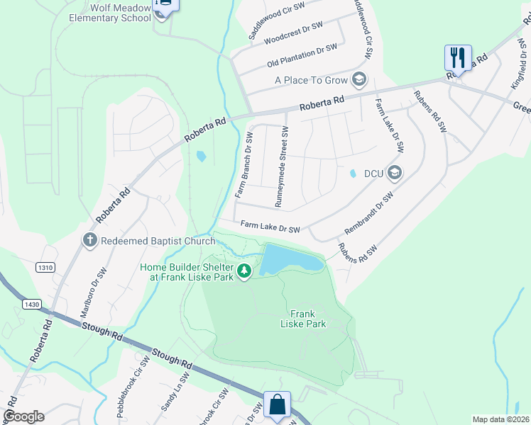 map of restaurants, bars, coffee shops, grocery stores, and more near 1383 Kent Downs Avenue Southwest in Concord