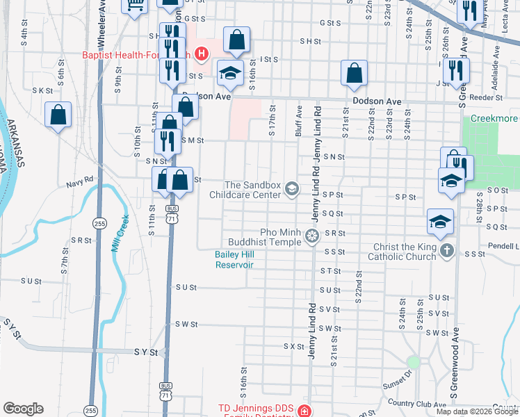 map of restaurants, bars, coffee shops, grocery stores, and more near 1625 South Q Street in Fort Smith