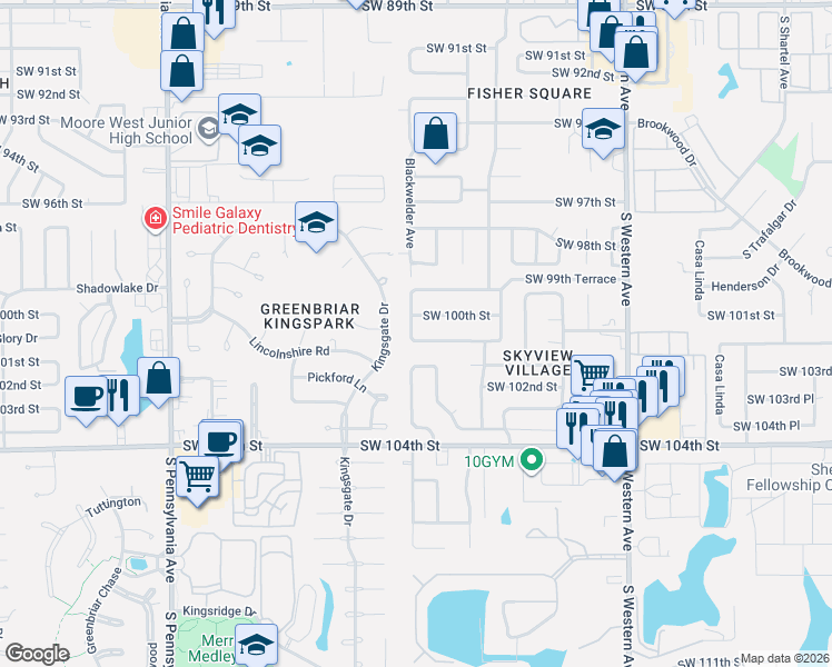 map of restaurants, bars, coffee shops, grocery stores, and more near 1213 Southwest 100th Terrace in Oklahoma City